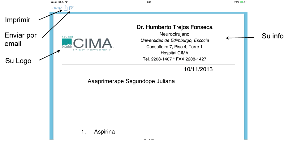 Imprima la receta del paciente en el expediente médico