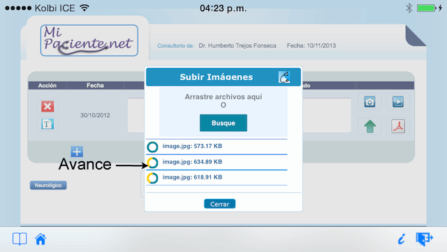 Progreso de envío de imágenes al expediente electrónico
